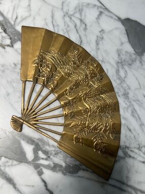 Vintage Brass Folding Fan mcm Wall Decor dragon